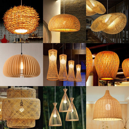 Classic Bamboo Lustre Chandelier Hanging Lamp Ceiling Handmade Rattan Pendant Light Fixture Weaving Home Living Bed Room Decor